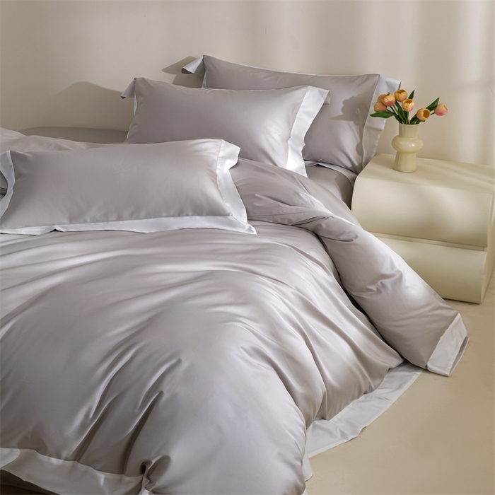 91家纺网 家纺一手货源 找家纺 晶缦家纺 2025新款纯棉全棉50支双股贡缎长绒棉拼边四件套 流光绮境-雅灰