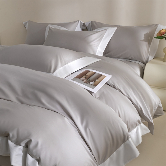 91家纺网 家纺一手货源 找家纺 晶缦家纺 2025新款纯棉全棉50支双股贡缎长绒棉拼边四件套 流光绮境-雅灰