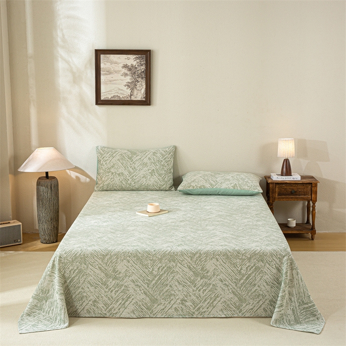 91家纺网 家纺一手货源 找家纺 灰鲸 2025新款全棉纯棉三层纱色织提花床单 本色-绿