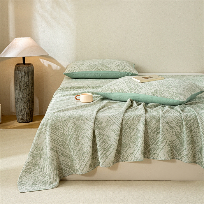 91家纺网 家纺一手货源 找家纺 灰鲸 2025新款全棉纯棉三层纱色织提花床单 本色-绿
