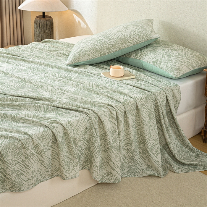 91家纺网 家纺一手货源 找家纺 灰鲸 2025新款全棉纯棉三层纱色织提花床单 本色-绿