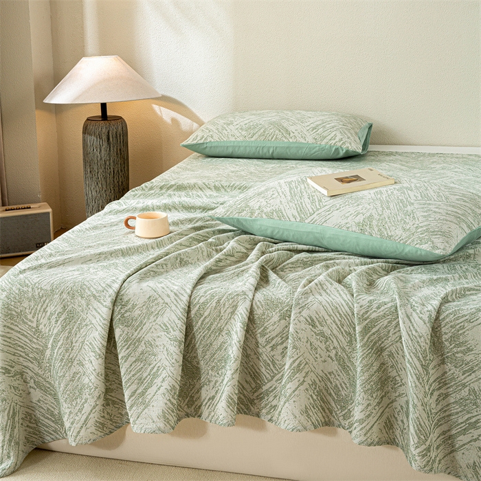 91家纺网 家纺一手货源 找家纺 灰鲸 2025新款全棉纯棉三层纱色织提花床单 本色-绿