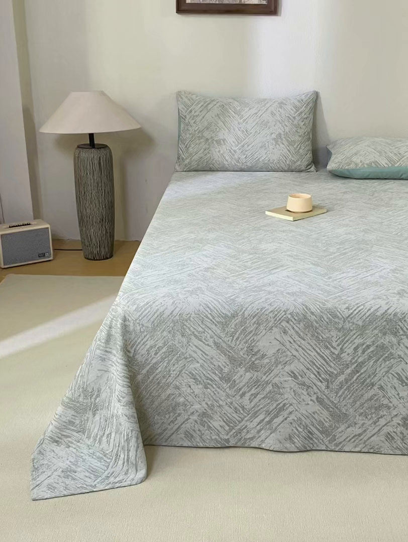 91家纺网 家纺一手货源 找家纺 灰鲸 2025新款全棉纯棉三层纱色织提花床单 本色-绿