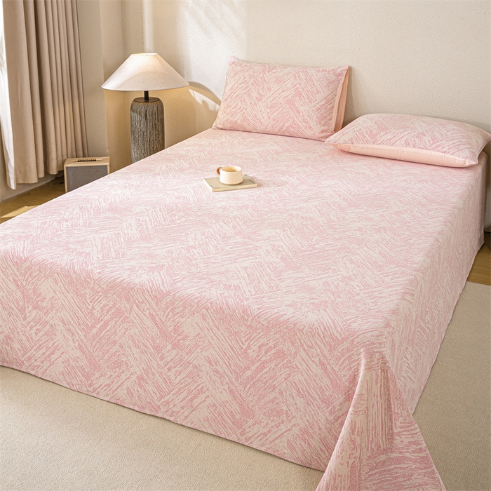 91家纺网 家纺一手货源 找家纺 灰鲸 2025新款全棉纯棉三层纱色织提花床单 本色-粉
