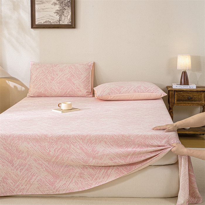 91家纺网 家纺一手货源 找家纺 灰鲸 2025新款全棉纯棉三层纱色织提花床单 本色-粉