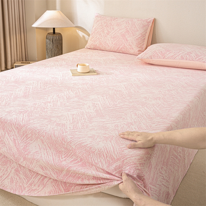 91家纺网 家纺一手货源 找家纺 灰鲸 2025新款全棉纯棉三层纱色织提花床单 本色-粉