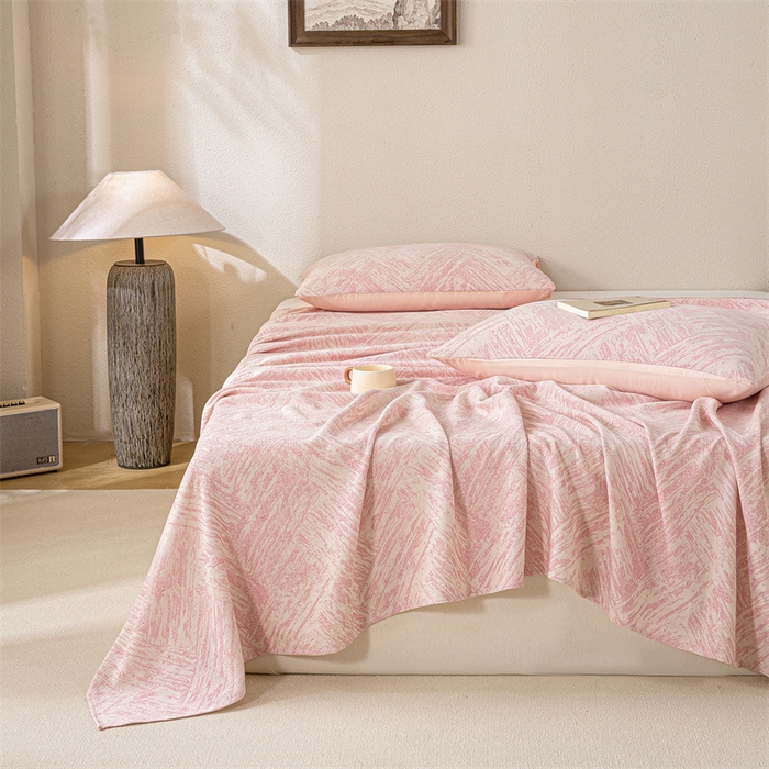 91家纺网 家纺一手货源 找家纺 灰鲸 2025新款全棉纯棉三层纱色织提花床单 本色-粉