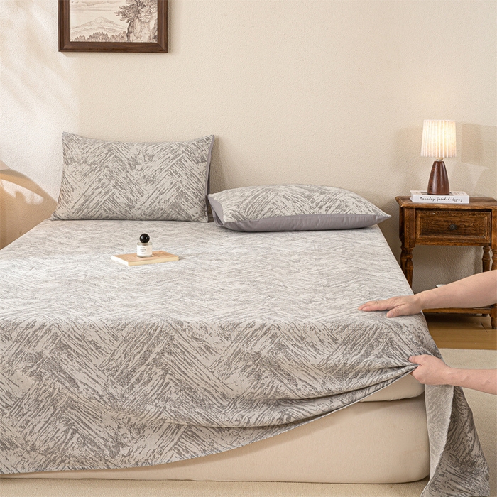 91家纺网 家纺一手货源 找家纺 灰鲸 2025新款全棉纯棉三层纱色织提花床单 本色-灰