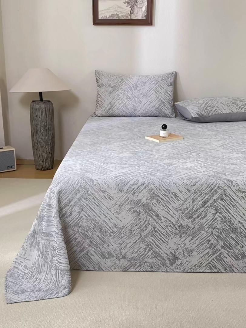 91家纺网 家纺一手货源 找家纺 灰鲸 2025新款全棉纯棉三层纱色织提花床单 本色-灰