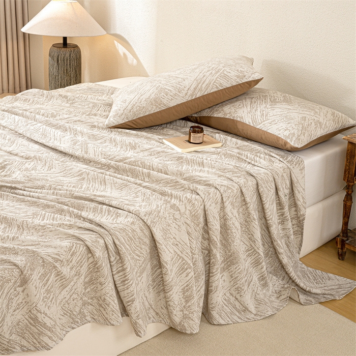 91家纺网 家纺一手货源 找家纺 灰鲸 2025新款全棉纯棉三层纱色织提花床单 本色-咖