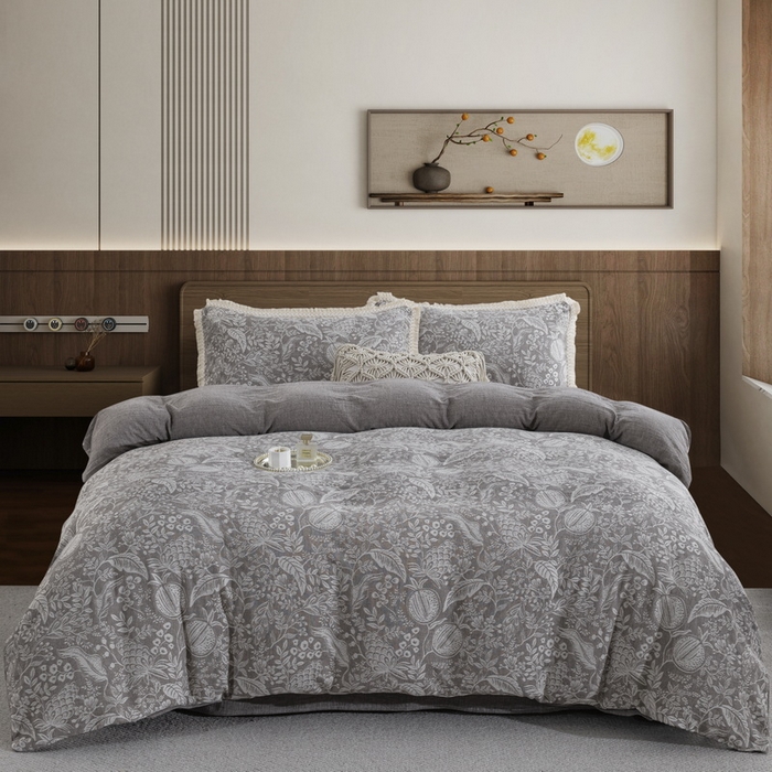 91家纺网 家纺一手货源 找家纺 鲁爱家纺供货 2025新款AB版棉麻工艺款四件套 时来运转-灰