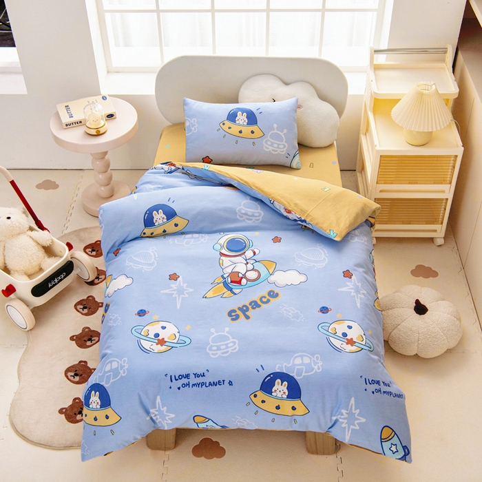 91家纺网 家纺一手货源 找家纺 乐秀家纺 2025新款全棉幼儿园被子三件套卡通纯棉被套被芯六件套 乘风宇宙