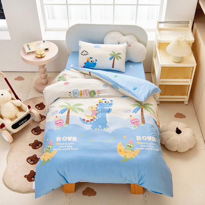 91家纺网 家纺一手货源 找家纺 乐秀家纺 2025新款全棉幼儿园被子三件套卡通纯棉被套被芯六件套 度假恐龙