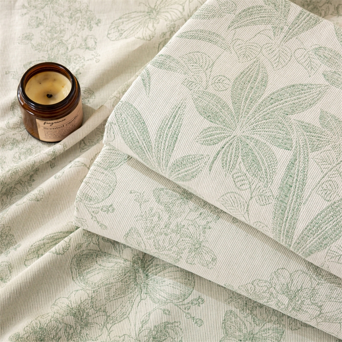 91家纺网 家纺一手货源 找家纺 灰鲸 2025新款全棉纯棉三层纱色织提花床笠 叶语-绿