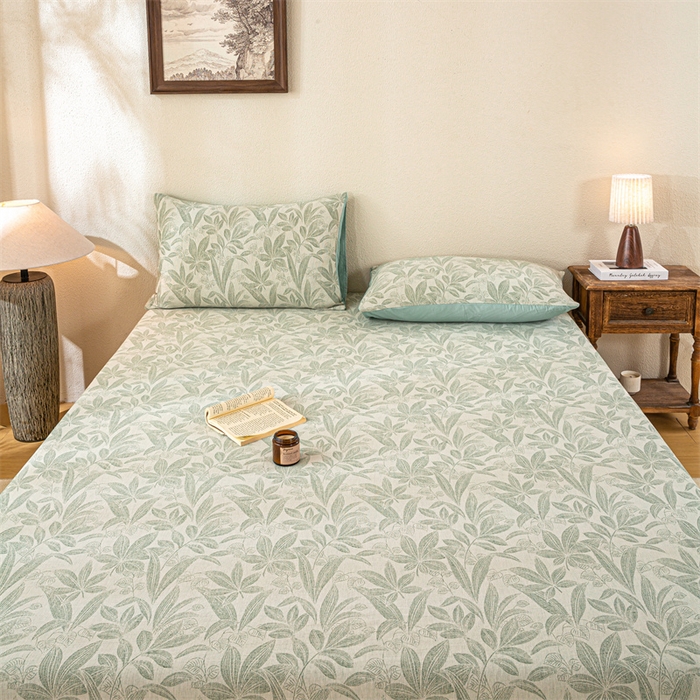 91家纺网 家纺一手货源 找家纺 灰鲸 2025新款全棉纯棉三层纱色织提花床笠 叶语-绿