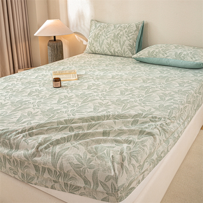 91家纺网 家纺一手货源 找家纺 灰鲸 2025新款全棉纯棉三层纱色织提花床笠 叶语-绿