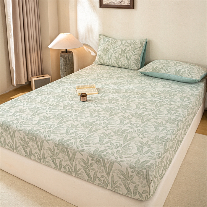 91家纺网 家纺一手货源 找家纺 灰鲸 2025新款全棉纯棉三层纱色织提花床笠 叶语-绿