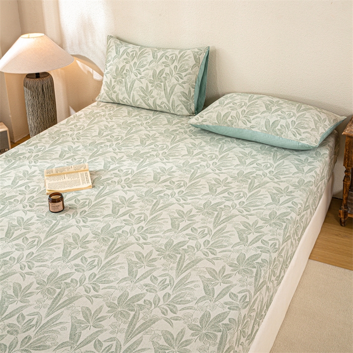 91家纺网 家纺一手货源 找家纺 灰鲸 2025新款全棉纯棉三层纱色织提花床笠 叶语-绿