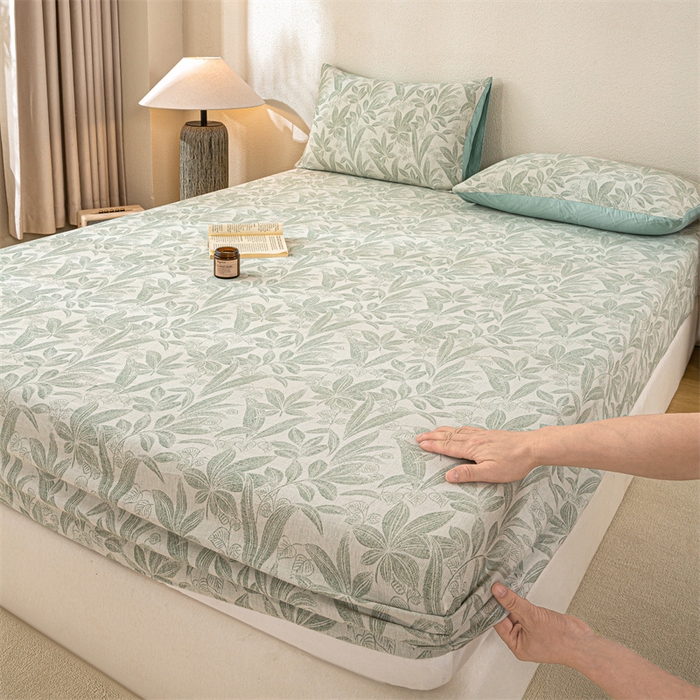 91家纺网 家纺一手货源 找家纺 灰鲸 2025新款全棉纯棉三层纱色织提花床笠 叶语-绿