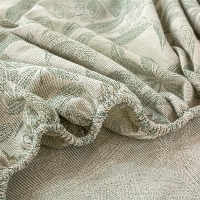 91家纺网 家纺一手货源 找家纺 灰鲸 2025新款全棉纯棉三层纱色织提花床笠 叶语-绿