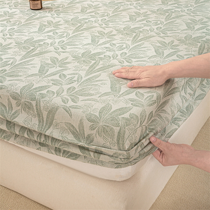 91家纺网 家纺一手货源 找家纺 灰鲸 2025新款全棉纯棉三层纱色织提花床笠 叶语-绿