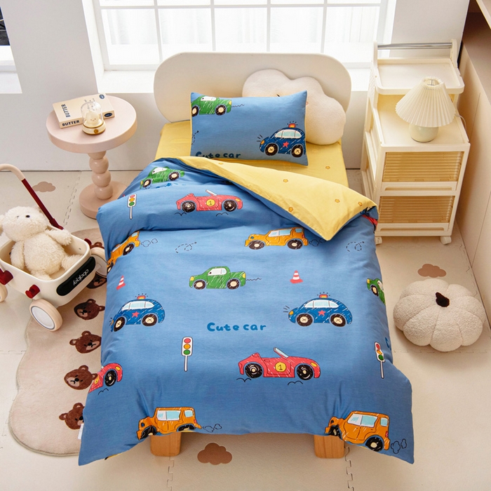91家纺网 家纺一手货源 找家纺 乐秀家纺 2025新款全棉幼儿园被子三件套卡通纯棉被套被芯六件套 赛车世界
