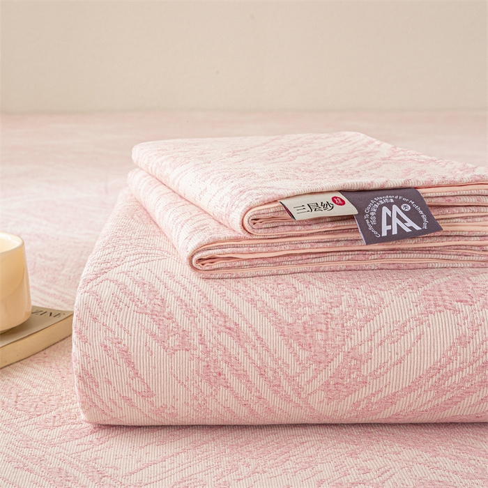 91家纺网 家纺一手货源 找家纺 灰鲸 2025新款全棉纯棉三层纱色织提花床笠 本色-粉