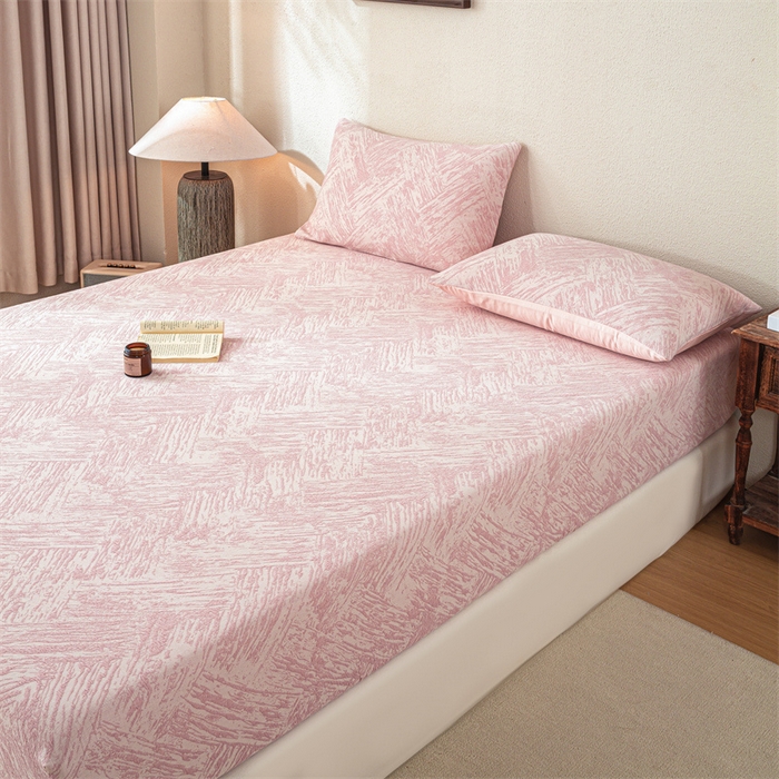 91家纺网 家纺一手货源 找家纺 灰鲸 2025新款全棉纯棉三层纱色织提花床笠 本色-粉