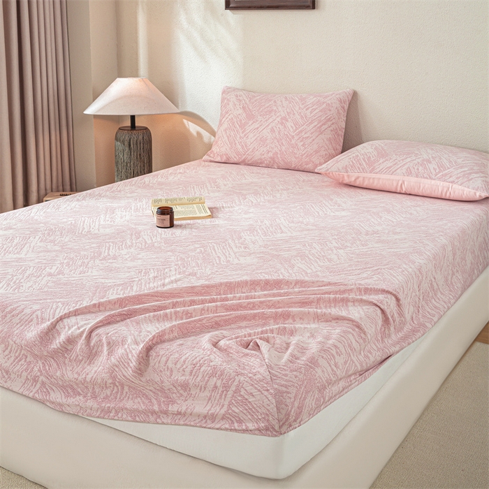 91家纺网 家纺一手货源 找家纺 灰鲸 2025新款全棉纯棉三层纱色织提花床笠 本色-粉