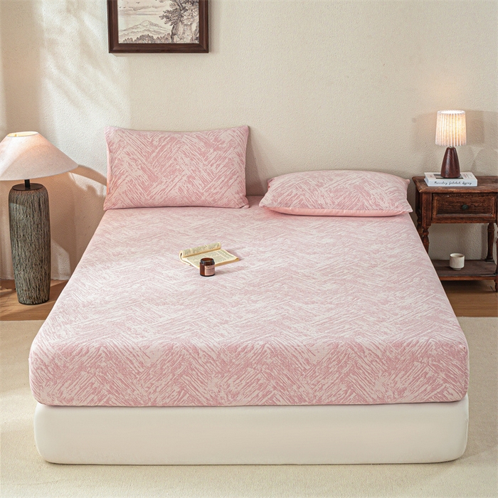 91家纺网 家纺一手货源 找家纺 灰鲸 2025新款全棉纯棉三层纱色织提花床笠 本色-粉