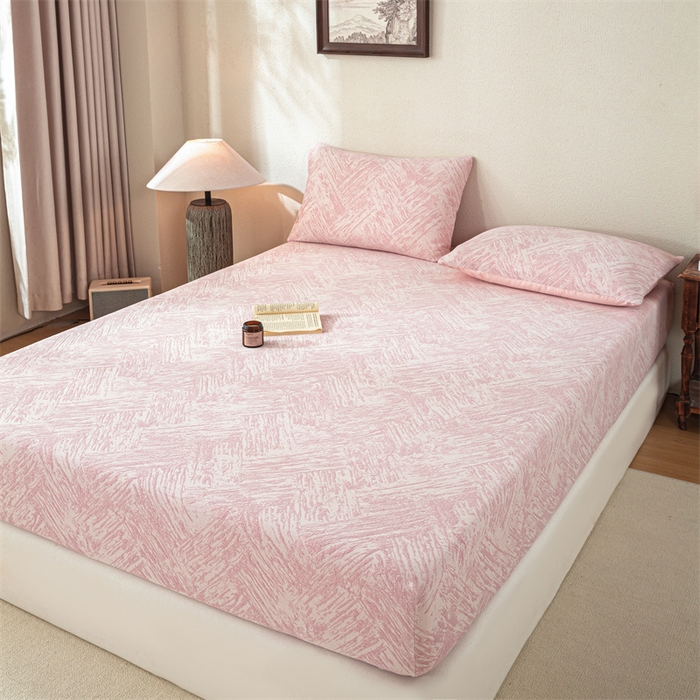 91家纺网 家纺一手货源 找家纺 灰鲸 2025新款全棉纯棉三层纱色织提花床笠 本色-粉