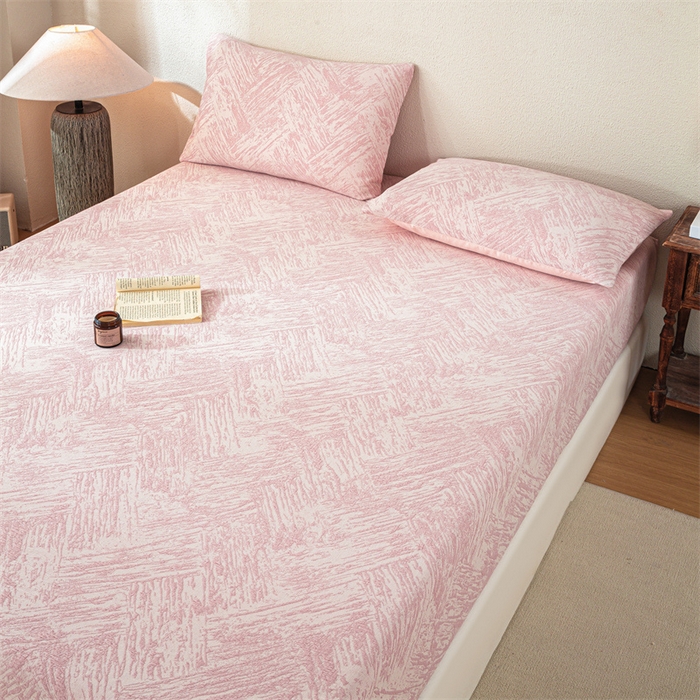 91家纺网 家纺一手货源 找家纺 灰鲸 2025新款全棉纯棉三层纱色织提花床笠 本色-粉