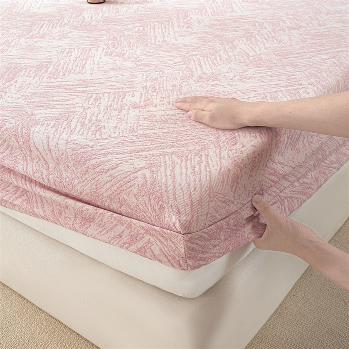 91家纺网 家纺一手货源 找家纺 灰鲸 2025新款全棉纯棉三层纱色织提花床笠 本色-粉