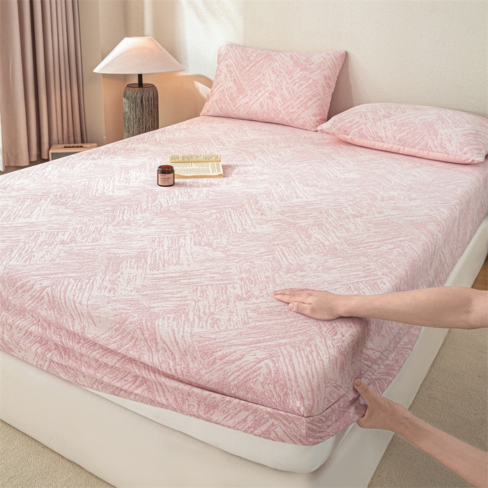 91家纺网 家纺一手货源 找家纺 灰鲸 2025新款全棉纯棉三层纱色织提花床笠 本色-粉