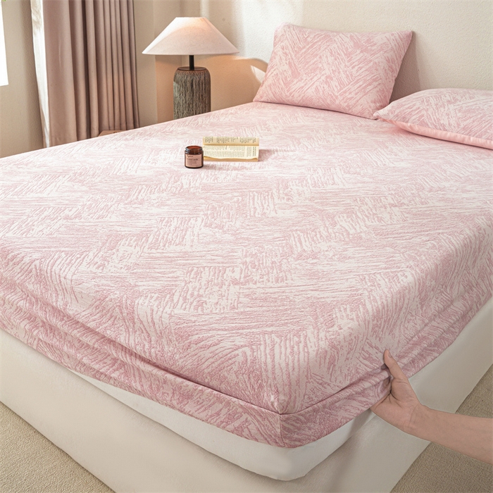 91家纺网 家纺一手货源 找家纺 灰鲸 2025新款全棉纯棉三层纱色织提花床笠 本色-粉