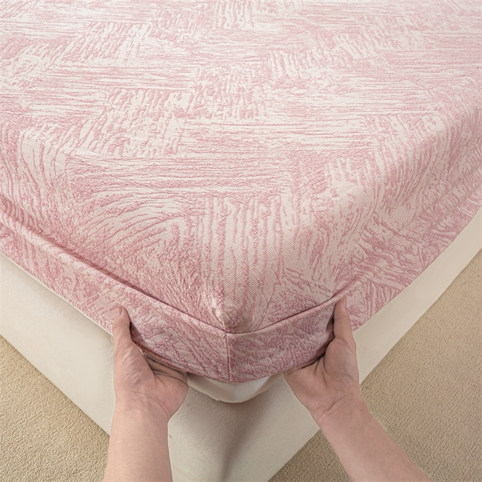 91家纺网 家纺一手货源 找家纺 灰鲸 2025新款全棉纯棉三层纱色织提花床笠 本色-粉