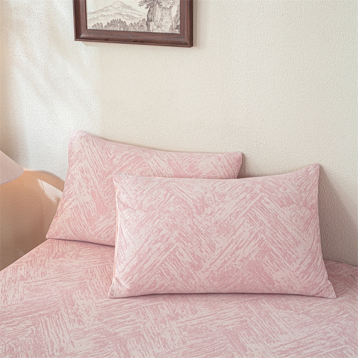 91家纺网 家纺一手货源 找家纺 灰鲸 2025新款全棉纯棉三层纱色织提花床笠 本色-粉