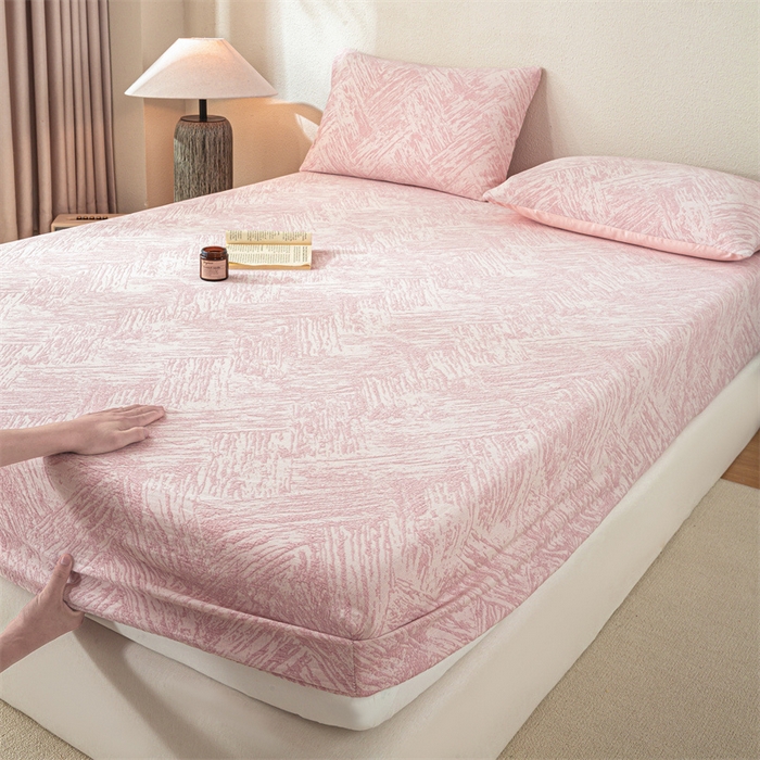 91家纺网 家纺一手货源 找家纺 灰鲸 2025新款全棉纯棉三层纱色织提花床笠 本色-粉