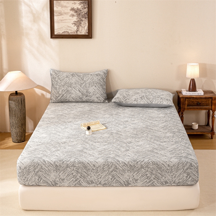 91家纺网 家纺一手货源 找家纺 灰鲸 2025新款全棉纯棉三层纱色织提花床笠 本色-灰