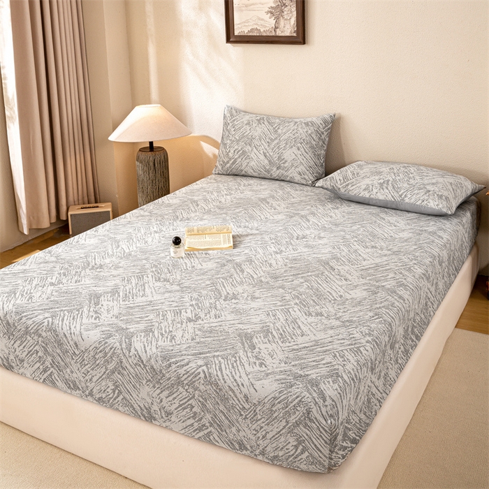 91家纺网 家纺一手货源 找家纺 灰鲸 2025新款全棉纯棉三层纱色织提花床笠 本色-灰