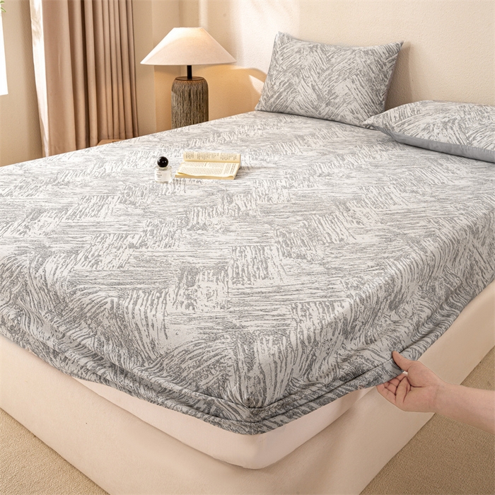 91家纺网 家纺一手货源 找家纺 灰鲸 2025新款全棉纯棉三层纱色织提花床笠 本色-灰