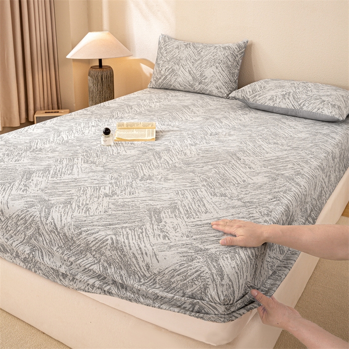 91家纺网 家纺一手货源 找家纺 灰鲸 2025新款全棉纯棉三层纱色织提花床笠 本色-灰