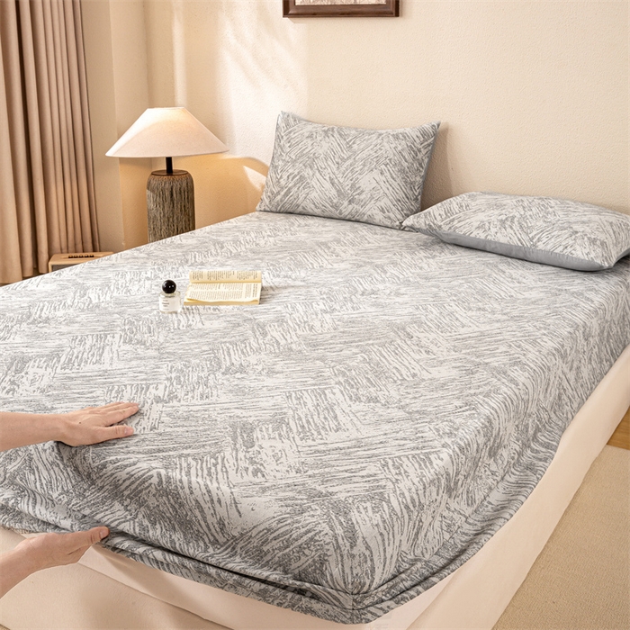 91家纺网 家纺一手货源 找家纺 灰鲸 2025新款全棉纯棉三层纱色织提花床笠 本色-灰