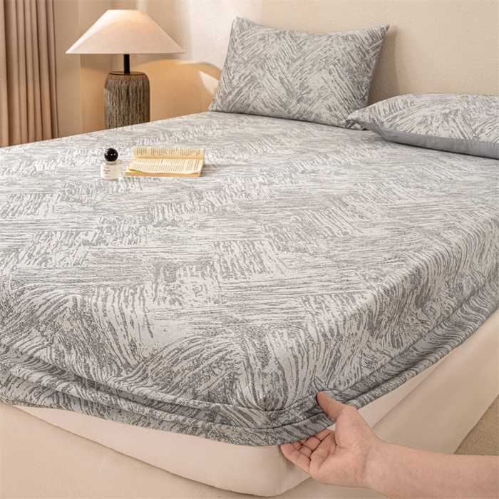 91家纺网 家纺一手货源 找家纺 灰鲸 2025新款全棉纯棉三层纱色织提花床笠 本色-灰