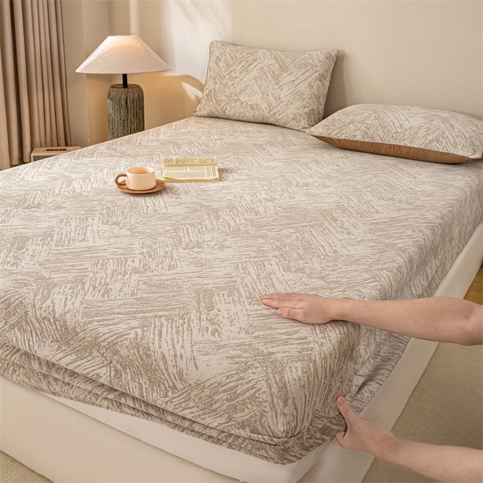 91家纺网 家纺一手货源 找家纺 灰鲸 2025新款全棉纯棉三层纱色织提花床笠 本色-咖