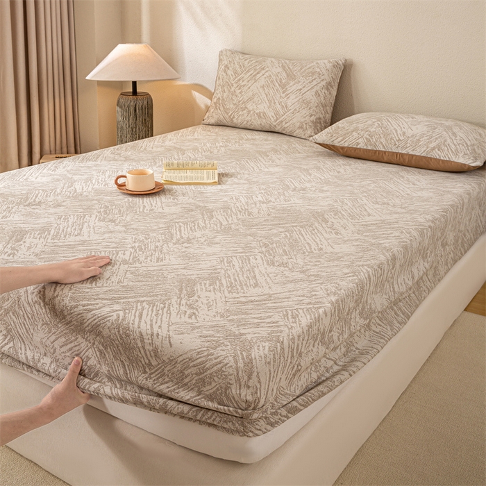 91家纺网 家纺一手货源 找家纺 灰鲸 2025新款全棉纯棉三层纱色织提花床笠 本色-咖