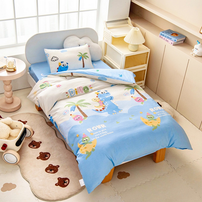 91家纺网 家纺一手货源 找家纺 乐秀家纺 2025新款全棉幼儿园被子三件套卡通纯棉被套被芯六件套 度假恐龙