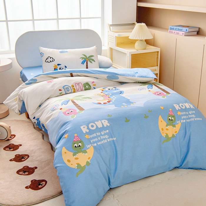 91家纺网 家纺一手货源 找家纺 乐秀家纺 2025新款全棉幼儿园被子三件套卡通纯棉被套被芯六件套 度假恐龙