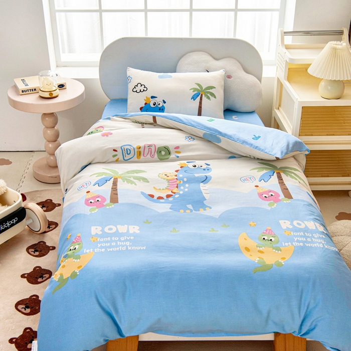 91家纺网 家纺一手货源 找家纺 乐秀家纺 2025新款全棉幼儿园被子三件套卡通纯棉被套被芯六件套 度假恐龙