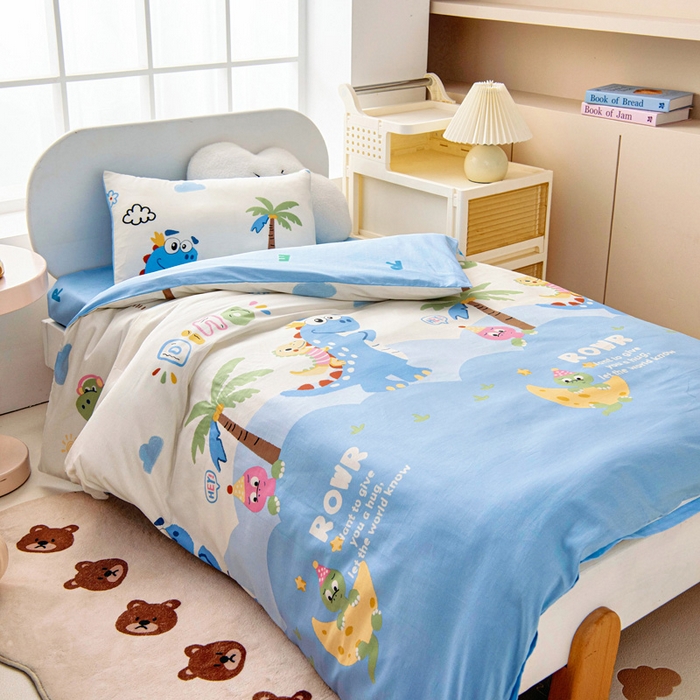 91家纺网 家纺一手货源 找家纺 乐秀家纺 2025新款全棉幼儿园被子三件套卡通纯棉被套被芯六件套 度假恐龙